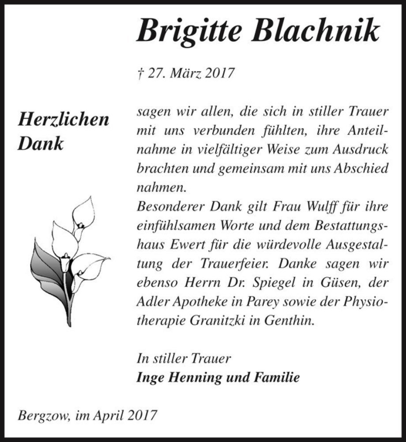  Traueranzeige für Brigitte Blachnik  vom 15.04.2017 aus Magdeburger Volksstimme