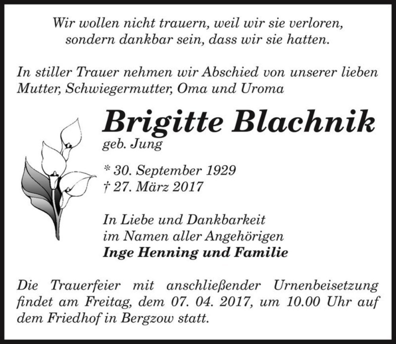  Traueranzeige für Brigitte Blachnik (geb. Jung)  vom 01.04.2017 aus Magdeburger Volksstimme