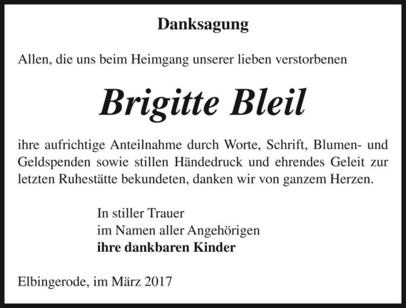 Traueranzeige für Brigitte Bleil  vom 06.04.2017 aus Magdeburger Volksstimme