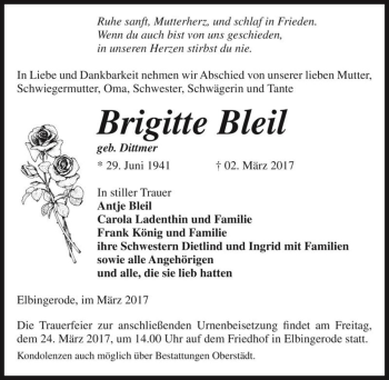 Traueranzeige von Brigitte Bleil (geb. Dittmer)  von Magdeburger Volksstimme