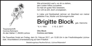 Traueranzeige von Brigitte Block (geb. Heinrichs)  von Magdeburger Volksstimme