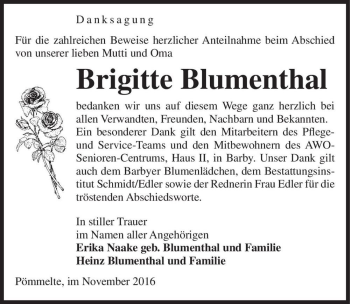 Traueranzeige von Brigitte Blumenthal  von Magdeburger Volksstimme