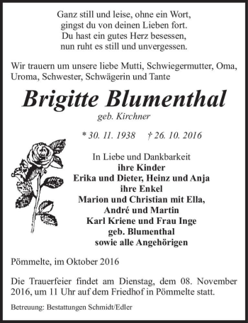 Traueranzeige von Brigitte Blumenthal (geb. Kirchner)  von Magdeburger Volksstimme
