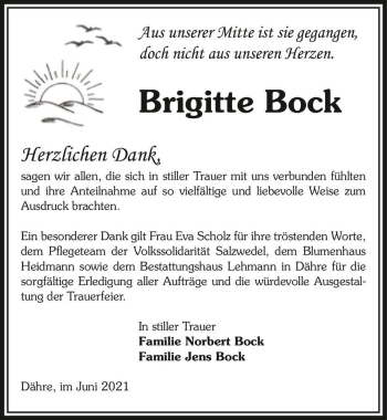 Traueranzeige von Brigitte Bock  von Magdeburger Volksstimme