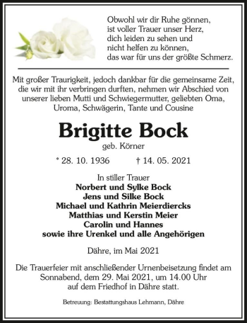Traueranzeige von Brigitte Bock (geb. Körner)  von Magdeburger Volksstimme