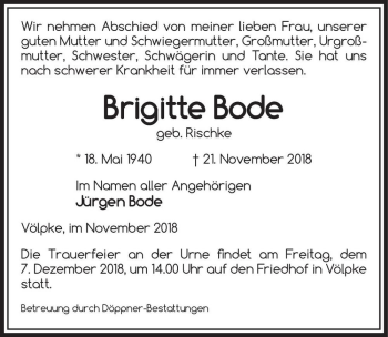 Traueranzeige von Brigitte Bode (geb. Rischke)  von Magdeburger Volksstimme