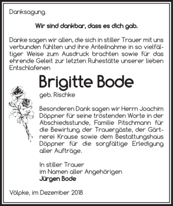 Traueranzeige von Brigitte Bode (geb. Rischke)  von Magdeburger Volksstimme