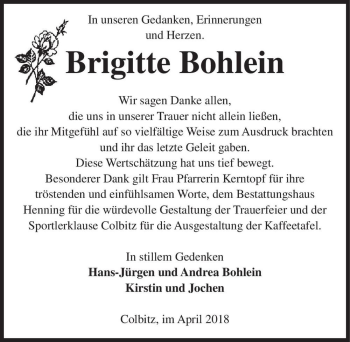 Traueranzeige von Brigitte Bohlein  von Magdeburger Volksstimme