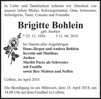 Traueranzeige von Brigitte Bohlein (geb. Seebert)  von Magdeburger Volksstimme
