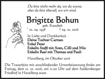 Traueranzeige von Brigitte Bohun (geb. Kasubek)  von Magdeburger Volksstimme