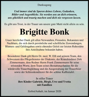 Traueranzeige von Brigitte Bonk  von Magdeburger Volksstimme
