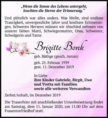 Traueranzeige von Brigitte Bonk (geb. Bäthge, gesch. Anton)  von Magdeburger Volksstimme