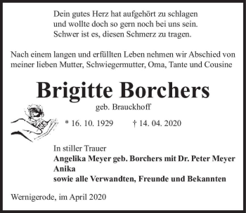 Traueranzeige von Brigitte Borchers (geb. Brauckhoff)  von Magdeburger Volksstimme