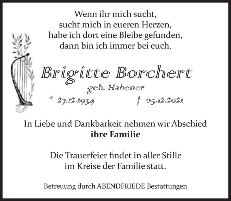  Traueranzeige für Brigitte Borchert (geb. Habener)  vom 18.12.2021 aus Magdeburger Volksstimme