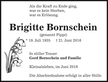 Traueranzeige von Brigitte Bornschein (genannt Pippi)  von Magdeburger Volksstimme