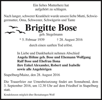 Traueranzeige von Brigitte Bose (geb. Stegelmann)  von Magdeburger Volksstimme