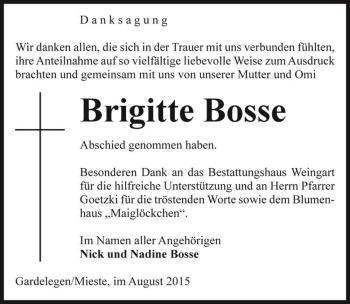 Traueranzeige von Brigitte Bosse  von Magdeburger Volksstimme