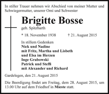 Traueranzeige von Brigitte Bosse (geb. Spitzbarth)  von Magdeburger Volksstimme