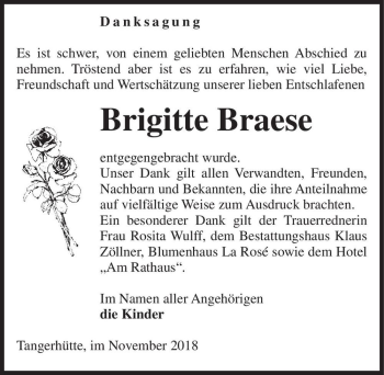 Traueranzeige von Brigitte Braese  von Magdeburger Volksstimme