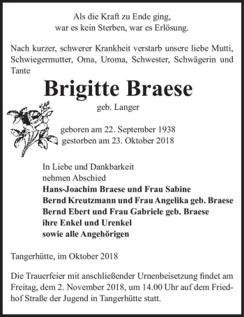 Traueranzeige von Brigitte Braese (geb. Langer)  von Magdeburger Volksstimme