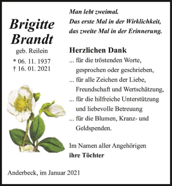 Traueranzeige von Brigitte Brandt (geb. Reilein)  von Magdeburger Volksstimme