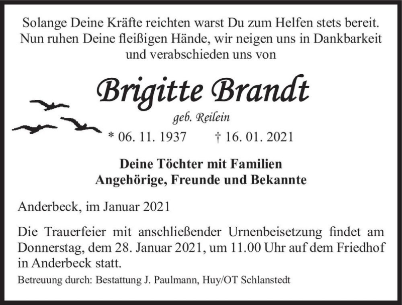 Traueranzeige für Brigitte Brandt (geb. Reilein)  vom 23.01.2021 aus Magdeburger Volksstimme