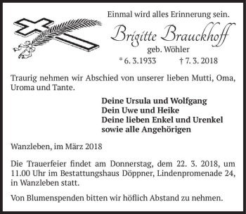 Traueranzeige von Brigitte Brauckhoff (geb. Wöhler)  von Magdeburger Volksstimme
