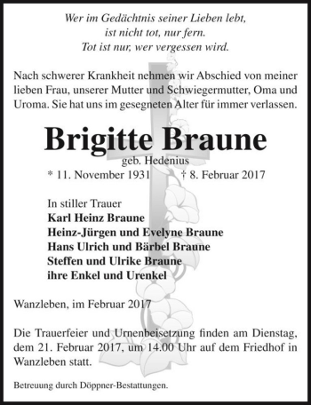 Traueranzeige von Brigitte Braune (geb. Hedenius)  von Magdeburger Volksstimme