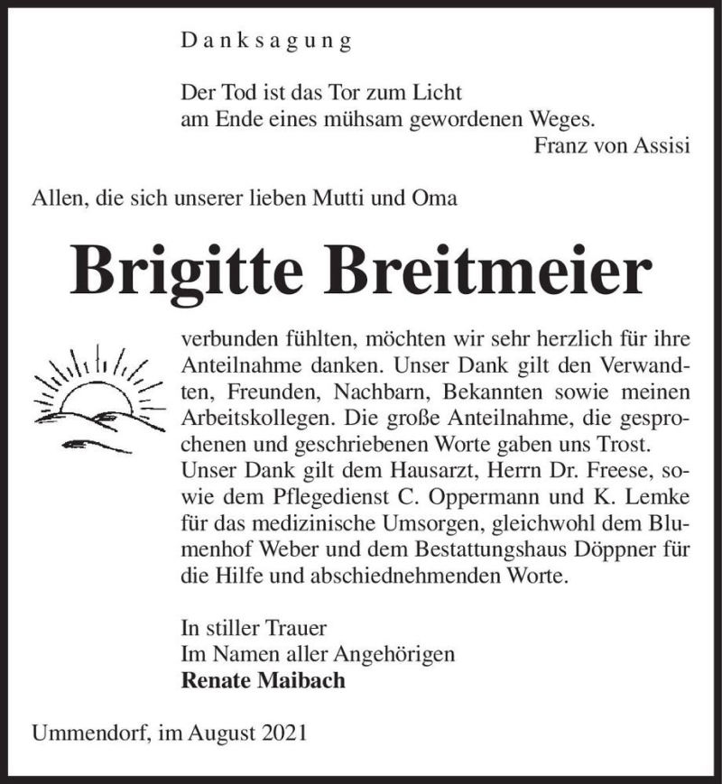  Traueranzeige für Brigitte Breitmeier  vom 07.08.2021 aus Magdeburger Volksstimme