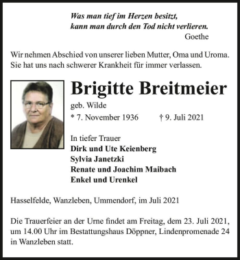 Traueranzeige von Brigitte Breitmeier (geb. Wilde)  von Magdeburger Volksstimme