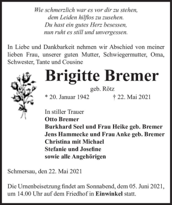 Traueranzeige von Brigitte Bremer (geb. Rötz)  von Magdeburger Volksstimme