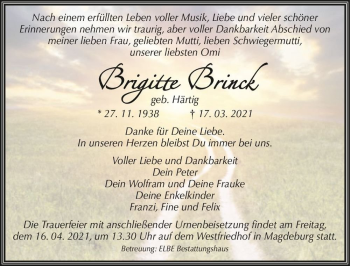 Traueranzeige von Brigitte Brinck (geb. Härtig)  von Magdeburger Volksstimme