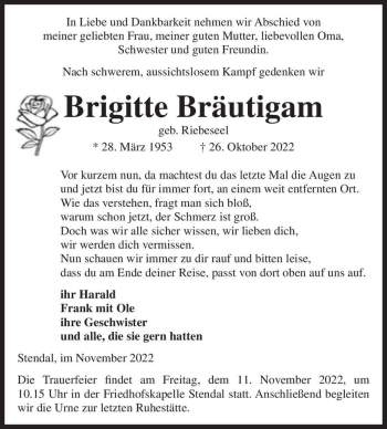 Traueranzeige von Brigitte Bräutigam (geb. Riebeseel)  von Magdeburger Volksstimme