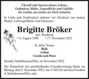 Traueranzeige von Brigitte Bröker (geb. Brudniok)  von Magdeburger Volksstimme