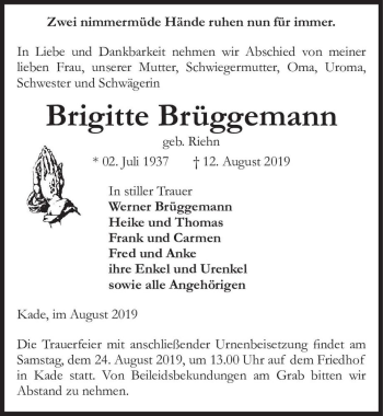 Traueranzeige von Brigitte Brüggemann (geb. Riehn)  von Magdeburger Volksstimme