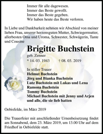 Traueranzeige von Brigitte Buchstein (geb. Zenner)  von Magdeburger Volksstimme