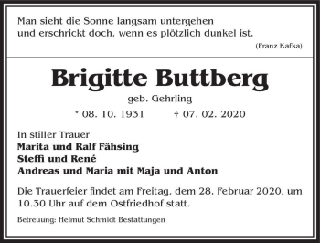 Traueranzeige von Brigitte Buttberg (geb. Gehrling)  von Magdeburger Volksstimme