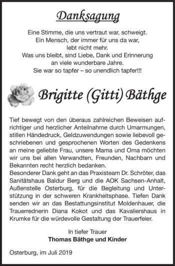 Traueranzeige von Brigitte Bäthge  von Magdeburger Volksstimme