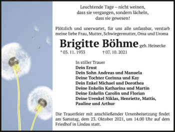 Traueranzeige von Brigitte Böhme (geb. Heinecke)  von Magdeburger Volksstimme