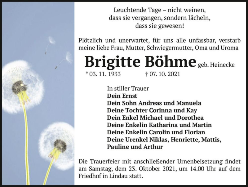  Traueranzeige für Brigitte Böhme (geb. Heinecke)  vom 16.10.2021 aus Magdeburger Volksstimme