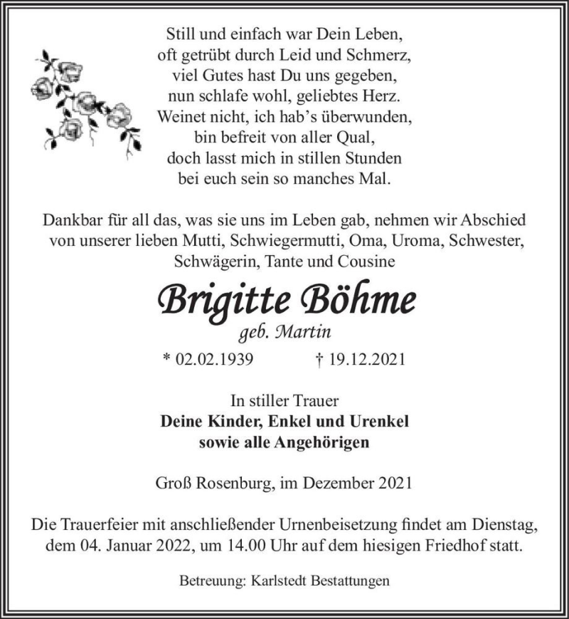  Traueranzeige für Brigitte Böhme (geb. Martin)  vom 29.12.2021 aus Magdeburger Volksstimme