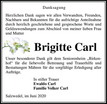 Traueranzeige von Brigitte Carl  von Magdeburger Volksstimme