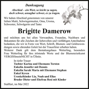 Traueranzeige von Brigitte Damerow  von Magdeburger Volksstimme