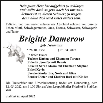 Traueranzeige von Brigitte Damerow (geb. Neumann)  von Magdeburger Volksstimme