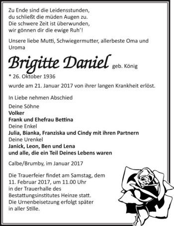 Traueranzeige von Brigitte Daniel (geb. König)  von Magdeburger Volksstimme