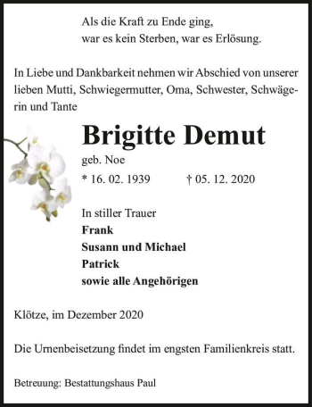 Traueranzeige von Brigitte Demut (geb. Noe)  von Magdeburger Volksstimme