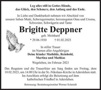 Traueranzeige von Brigitte Deppner (geb. Meinhard)  von Magdeburger Volksstimme