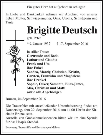 Traueranzeige von Brigitte Deutsch (geb. Peter)  von Magdeburger Volksstimme