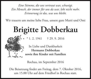 Traueranzeige von Brigitte Dobberkau  von Magdeburger Volksstimme