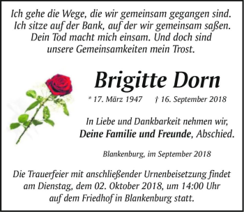Traueranzeige von Brigitte Dorn  von Magdeburger Volksstimme